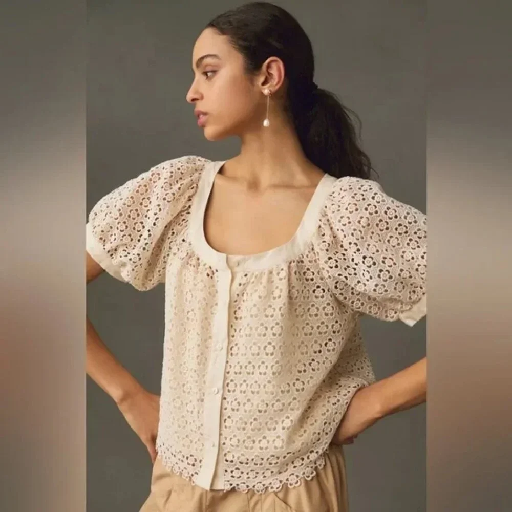 Anthropologie Blue Tassell Puff Lace Sleeve Blouse